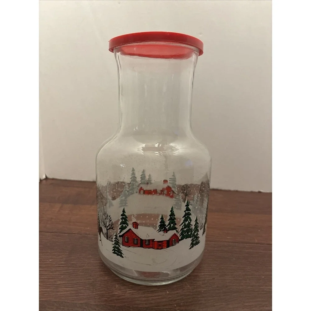 Vintage Christmas Sleigh Ride Glass Carafe Jug Juice Eggnog Decanter 9